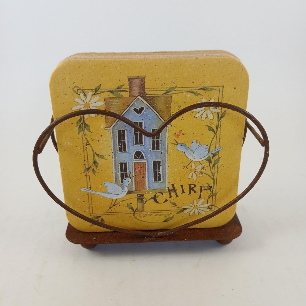 Vintage Cork Coasters Heart Shaped Wire Holder Barware Birdhouse Country Cottage